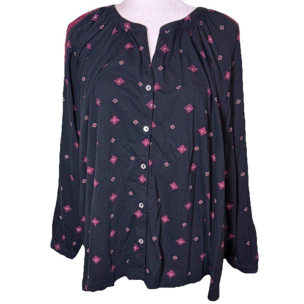 Women Indie Print Blouse Navy Long Sleeve Casual Everyday‎ Relaxed Size 3XL